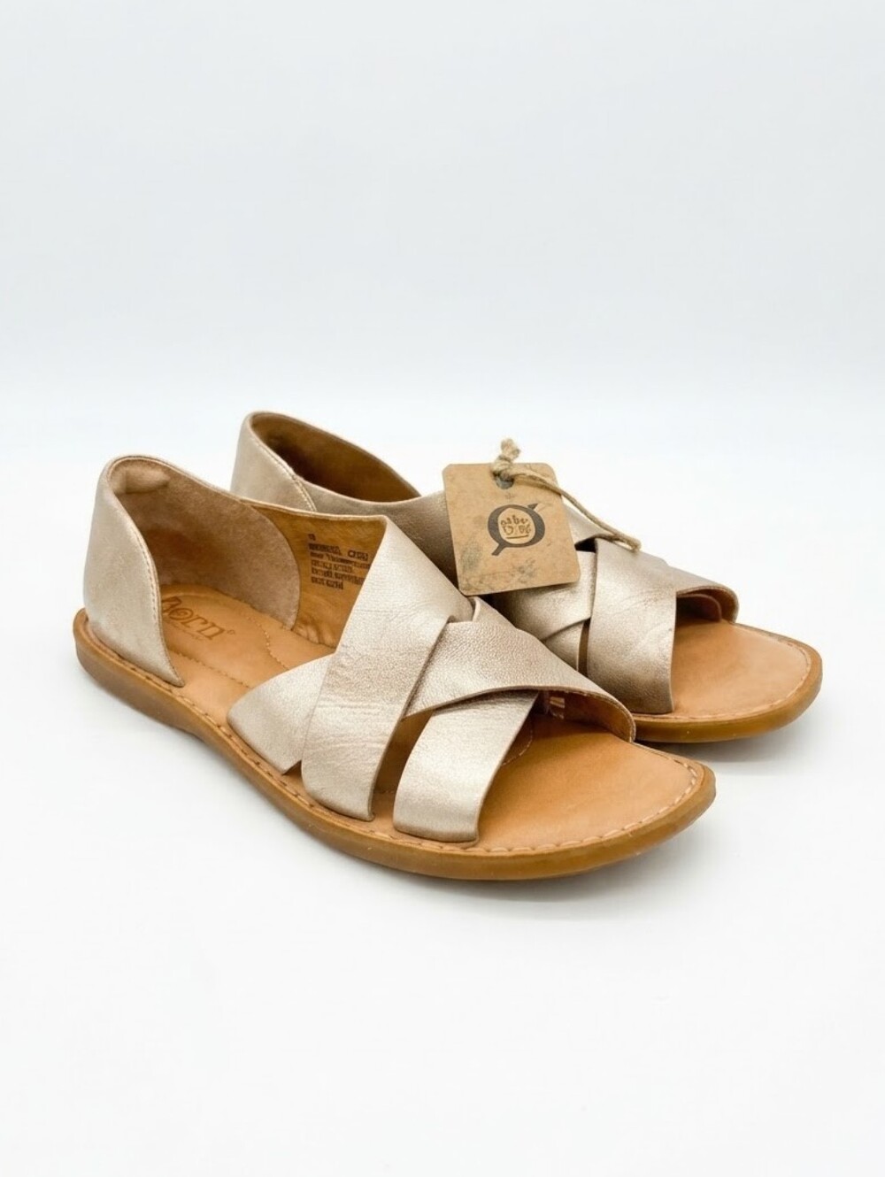 Born Iwa Champagne Metallic Leather Crisscross Flat Women's Sandals Size 8